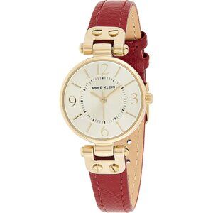 Women's Red/Gold Domed Mineral Crystal Lens Leather Strap Buckle Closure Watch